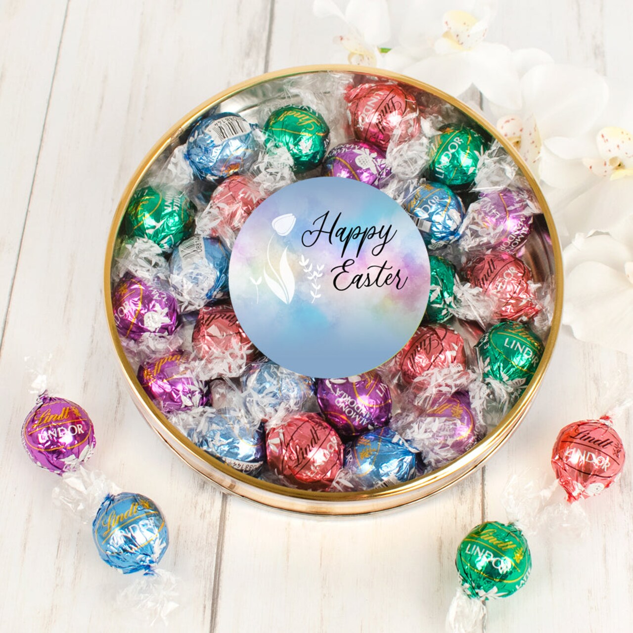 Easter Candy Gift Tin Filled With An Assortment Of 20 Individually Wrapped Truffles For Church Celebrations, Gifts For Family And Friends, Corporate Giveaways & More - Tulips